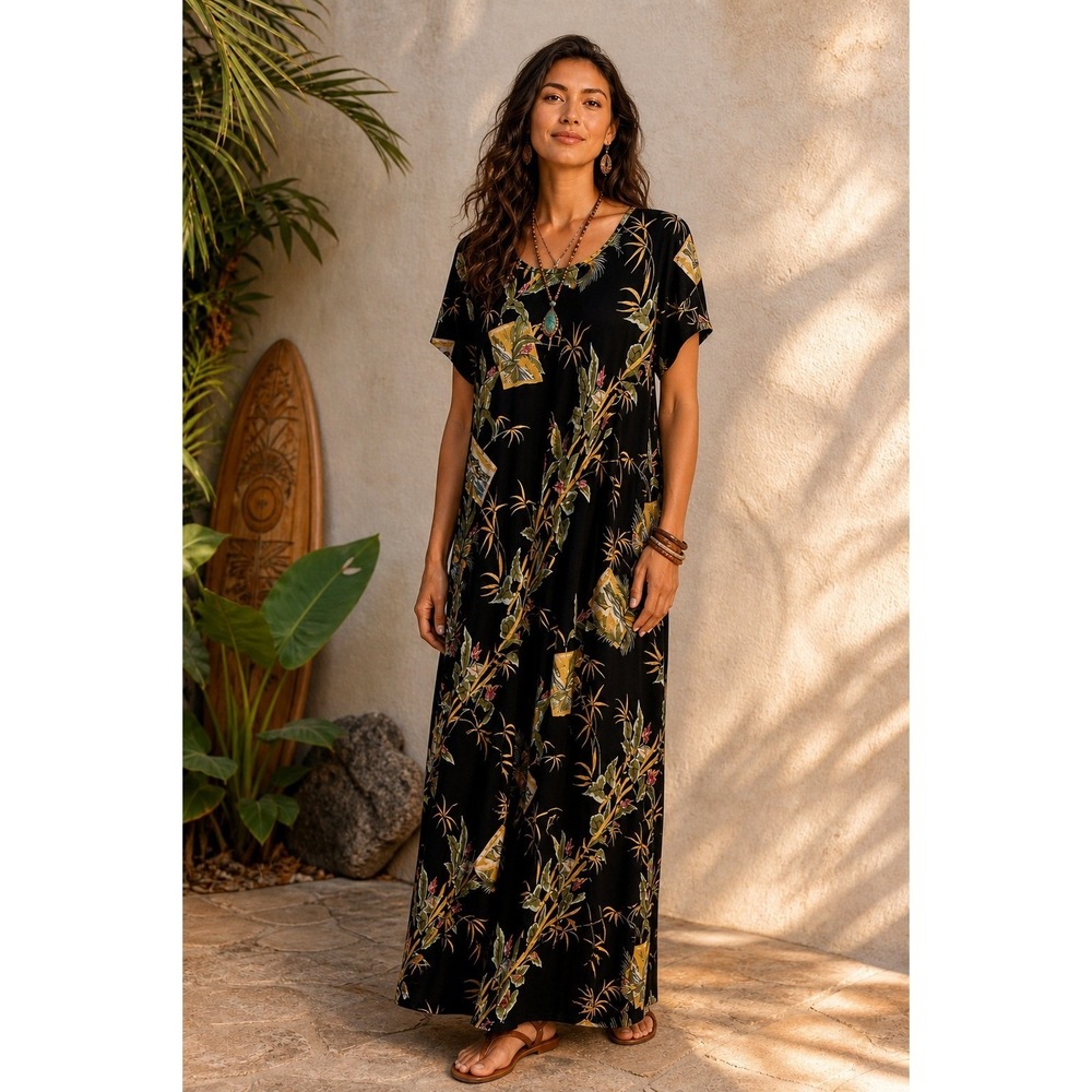 Hilo Hattie Maxi Dress Women XL Black Floral Tropical Hawaiian Rayon